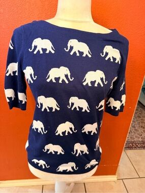 Talbots Navy Elephant Intarsia Knit Sweater Top | Size XS | NWT | Retail $79.50